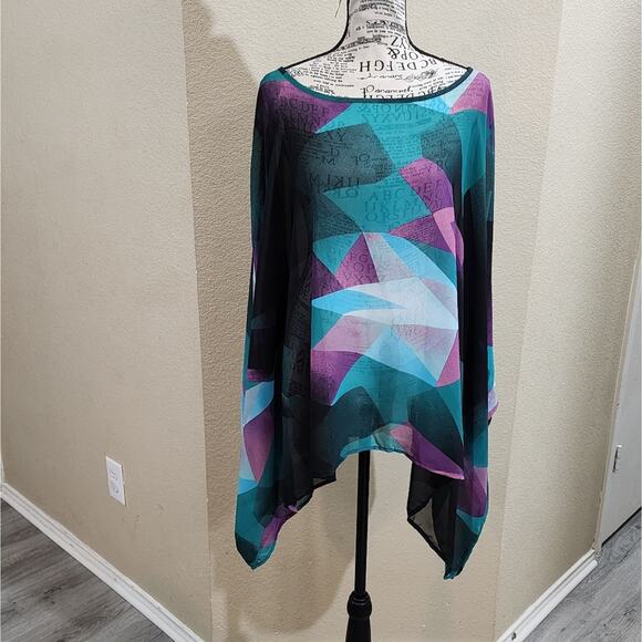 Ashley Stuart Green and purple geometric poncho style tunic plus size 18 20 2X‎ - Picture 1 of 6